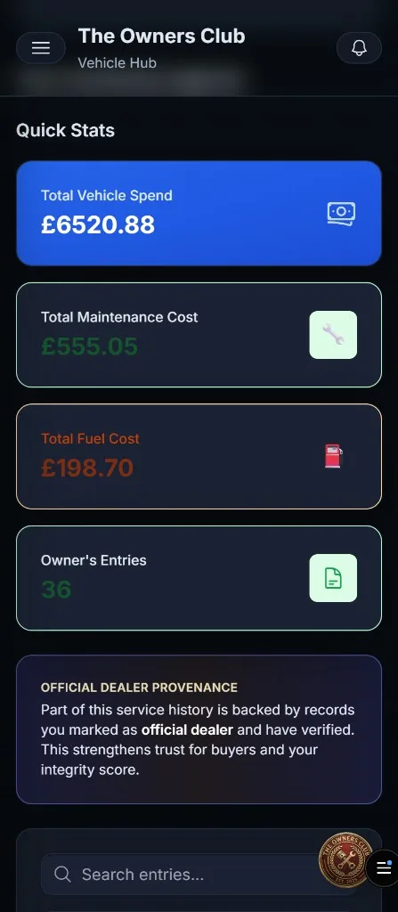 The Owners Club mobile dashboard showing total vehicle spend, maintenance cost, fuel cost and official dealer provenance