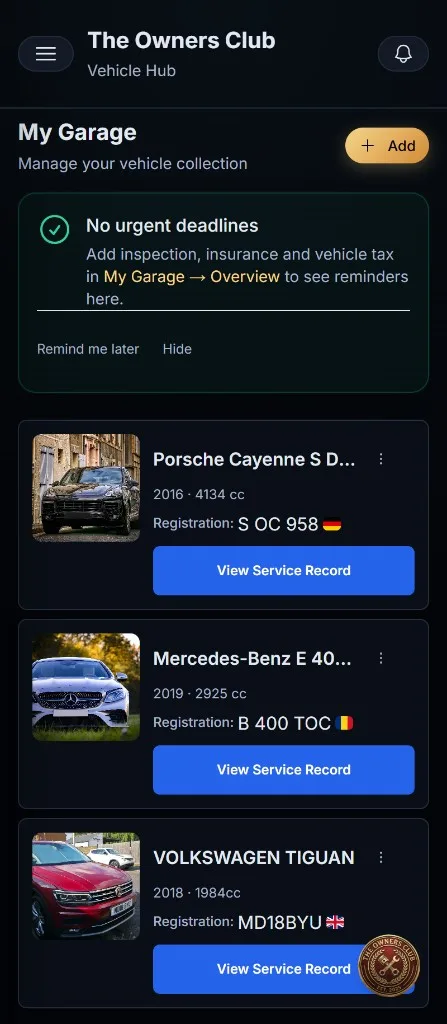 The Owners Club mobile app digital vehicle garage showing car cards with mileage, service status and registration country flags