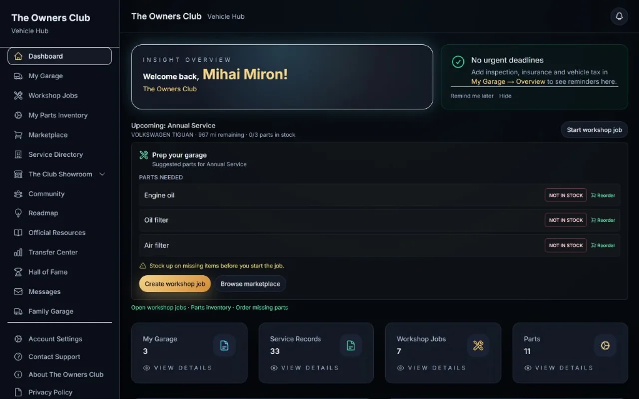 The Owners Club desktop web app dashboard showing garage overview, upcoming annual service, parts checklist and monthly cost charts