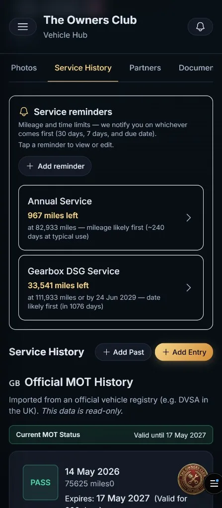 The Owners Club mobile service history with maintenance entries, reminders and add entry for digital car records